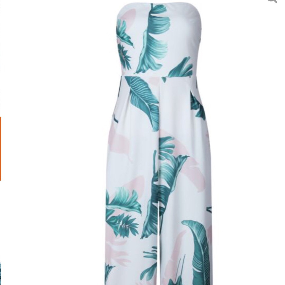 Strapless White Leaves Printed Wide Leg Jumpsuit - Picture 3 of 6